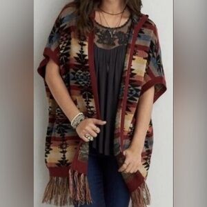 AMERICAN EAGLE Aztec Southwestern Hooded Fringe Cardigan Vest Sweater M NWT $70